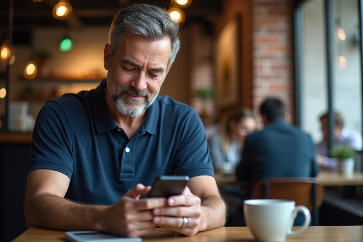 Homme accédant à son espace membre sur smartphone dans un café urbain