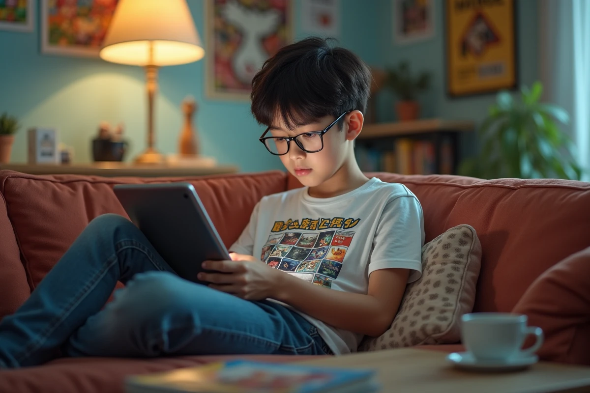 Adolescent lisant manga numérique sur une tablette dans le salon