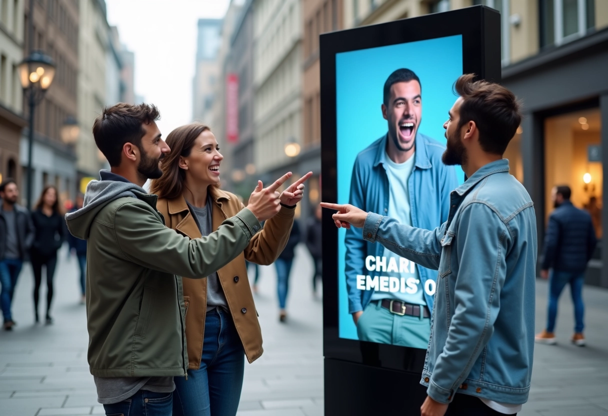 Trois amis regardant un écran digital en ville animée