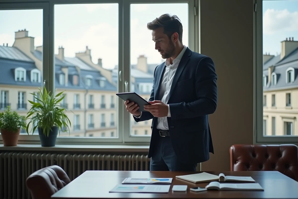 Analyste financier présentant des données sur une tablette à Paris