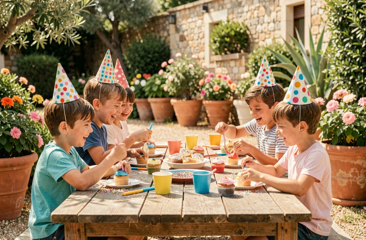 Enfants décoraient des cupcakes autour d'une table en bois dans un jardin méditerranéen à Nice lors d'un anniversaire