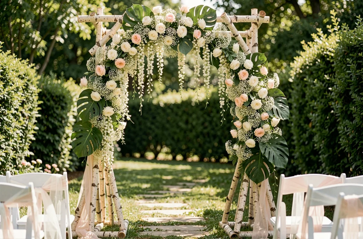 Arche de mariage en bois naturel ornée de roses blanches et roses et de verdure dans un jardin romantique en plein air