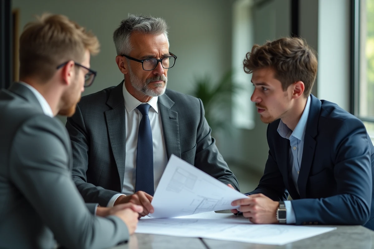 Homme en costume discute avec un client dans un bureau moderne