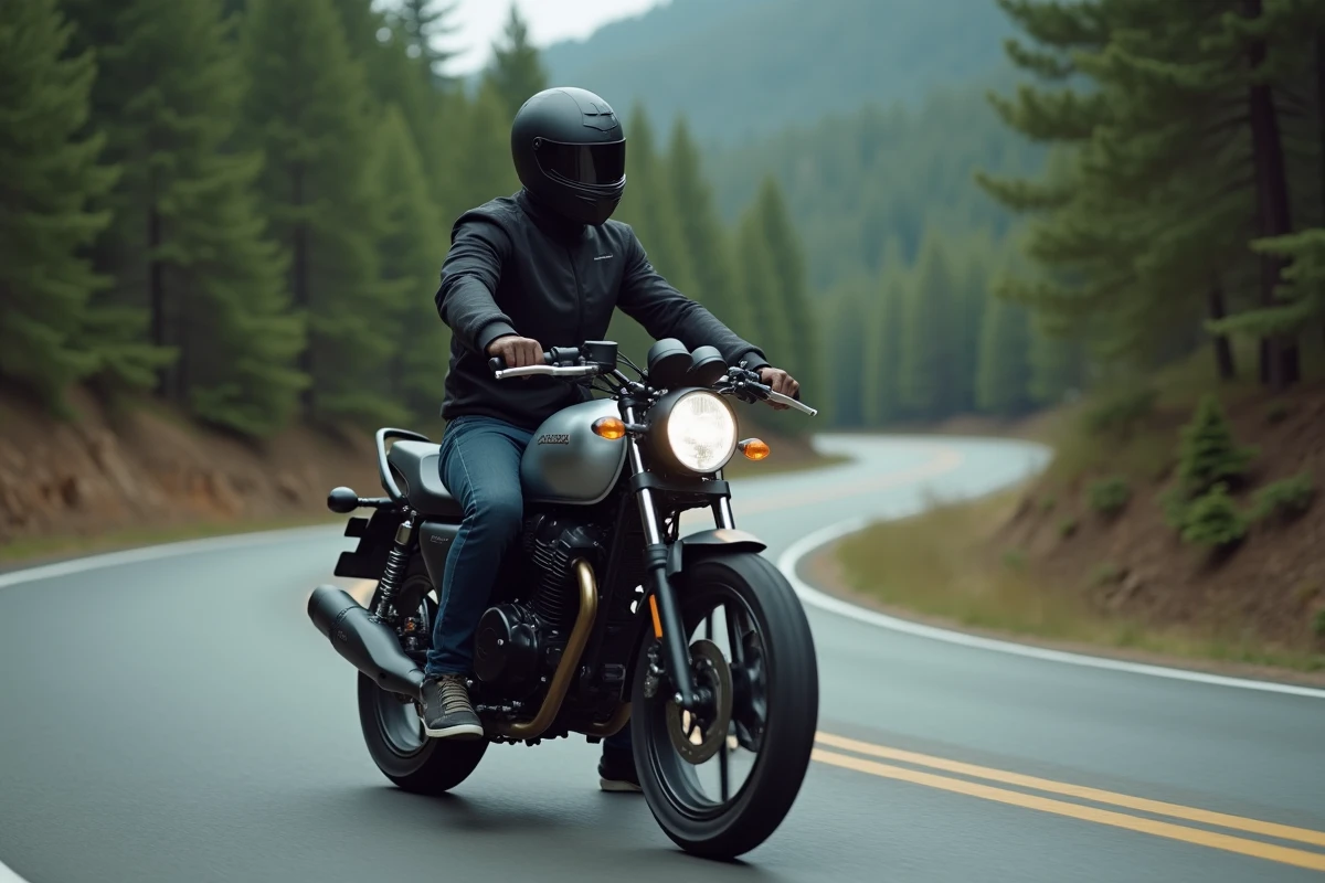 Motard sur une Benda Avengers 125 en route sur une route de montagne sinueuse, forêt de pins en arrière-plan, vue de profil en trois quarts