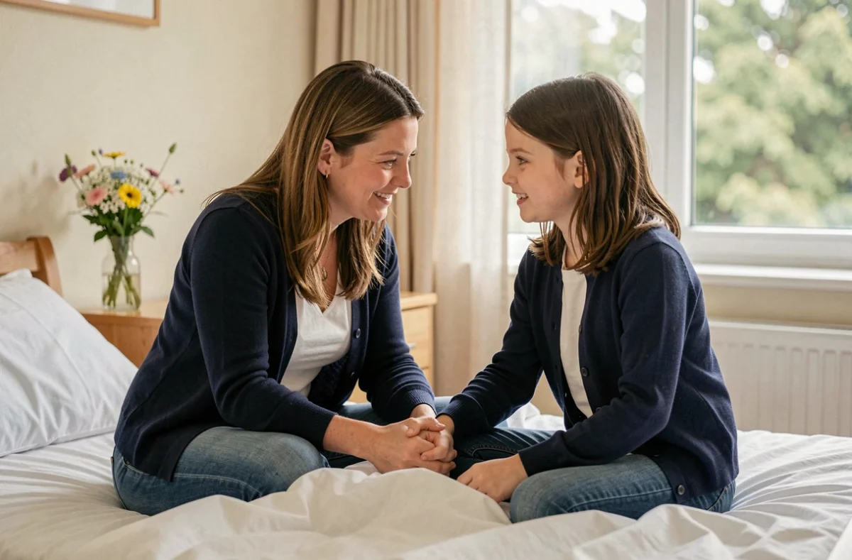 Une bénévole tenant la main d'un jeune patient hospitalisé, dans une chambre d'hôpital apaisante décorée de fleurs, illustrant le soutien aux enfants malades