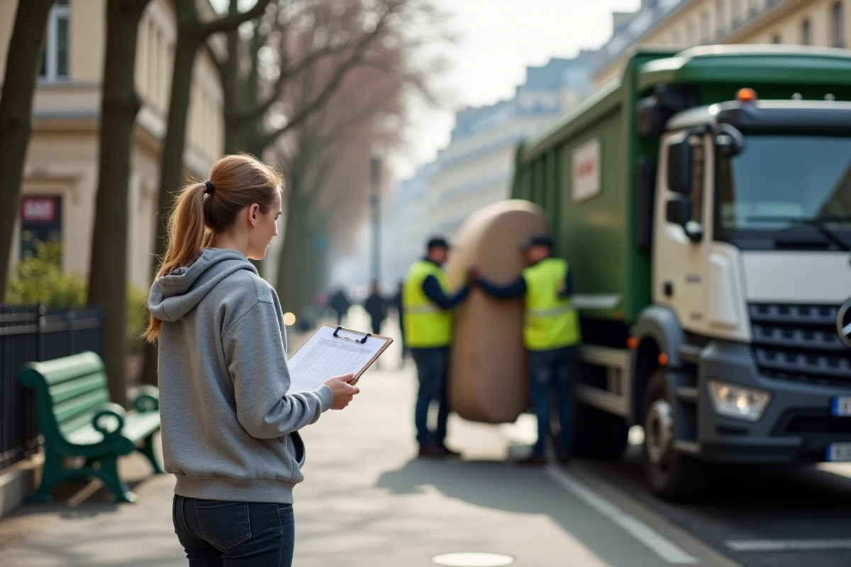 Femme consultant le calendrier de collecte des encombrants près d'un camion de la mairie de Paris