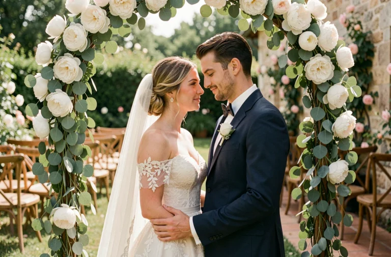 Mariés sous une arche florale de pivoines blanches dans un domaine champêtre français lors d'une cérémonie de mariage en plein air