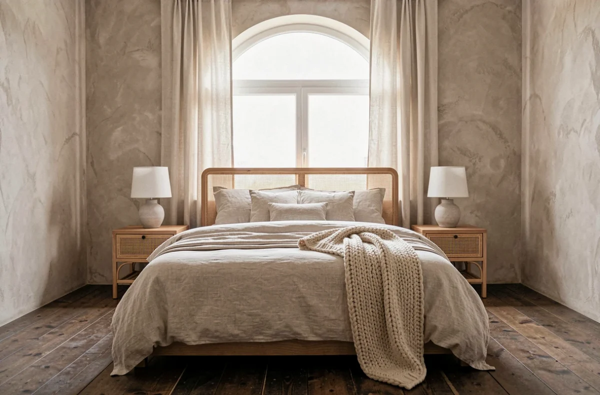 Chambre à coucher tendance 2024 avec literie en lin neutre, murs à la chaux et mobilier en rotin naturel