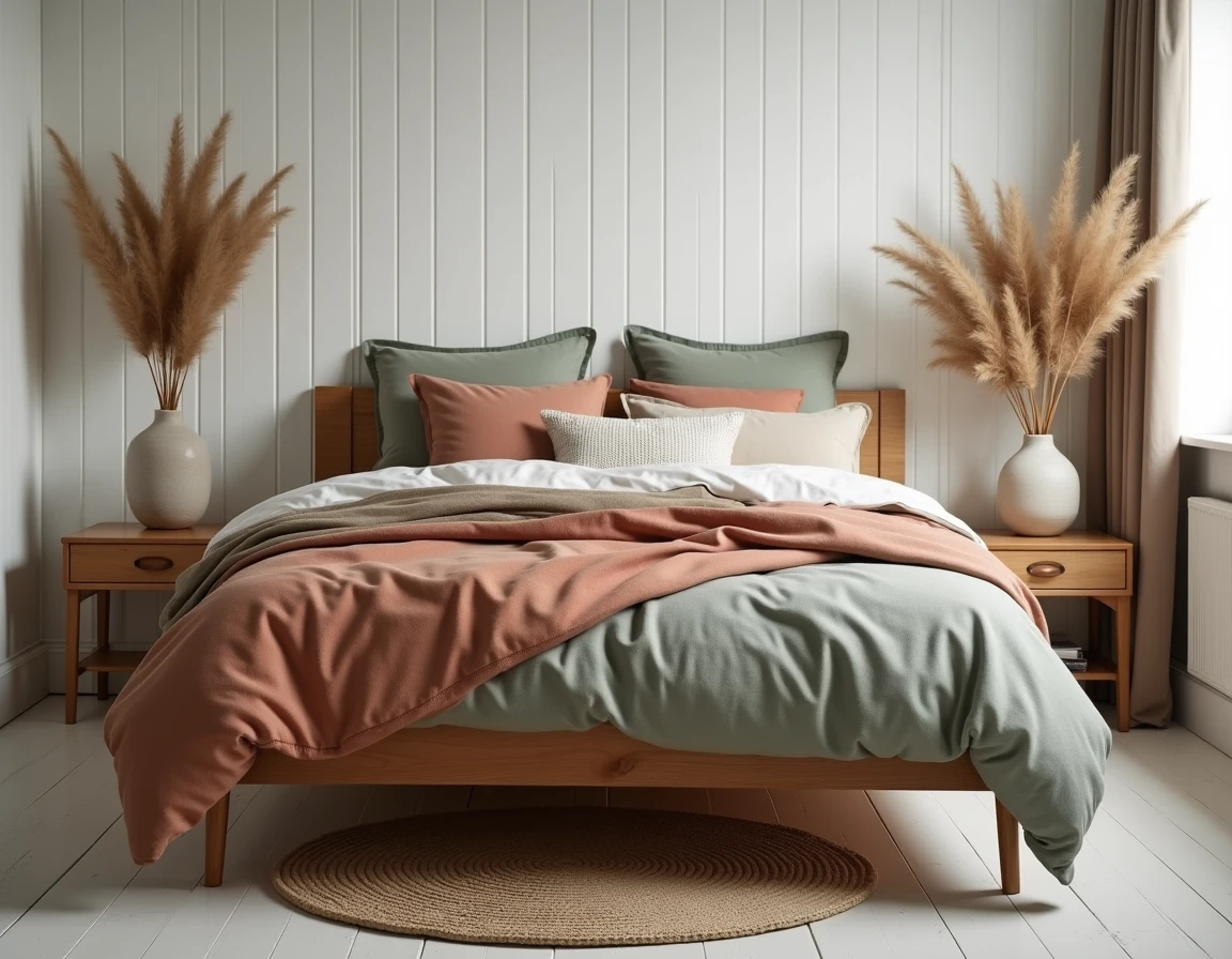 Chambre style scandinave avec literie en lin terracotta et coussins texturés, décoration cosy et apaisante aux tons naturels
