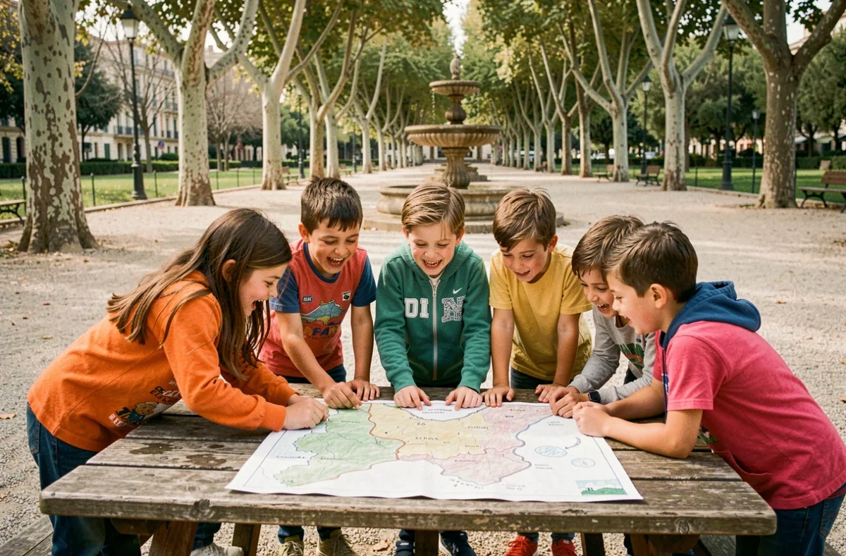 Groupe d'enfants réunis autour d'une carte au trésor dans un parc de Nice lors d'une chasse au trésor d'anniversaire