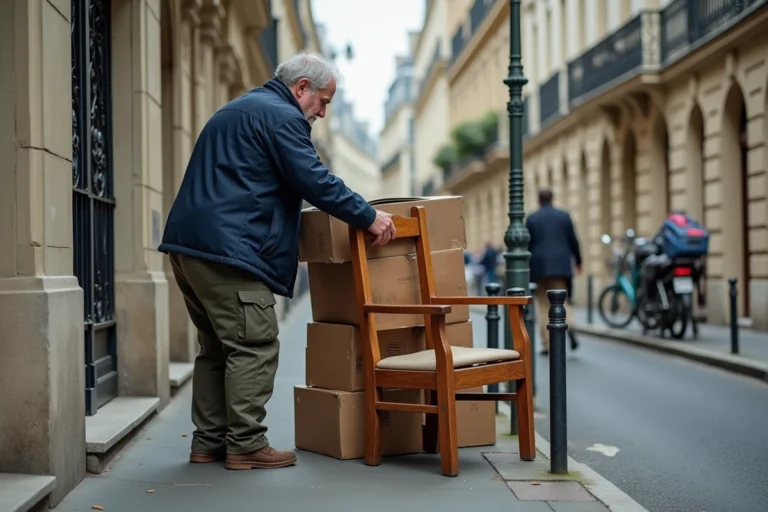 Homme déposant des encombrants sur le trottoir d'une rue parisienne du 15e arrondissement