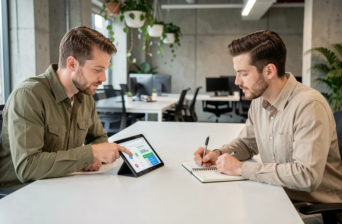 Deux collègues découvrant les dernières astuces Android sur une tablette dans un bureau contemporain