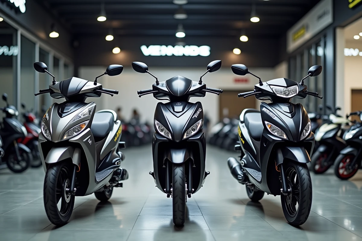 Comparatif de trois motos 125 cm3 dont la Benda Avengers 125 alignées dans une concession moto, vue de face en showroom
