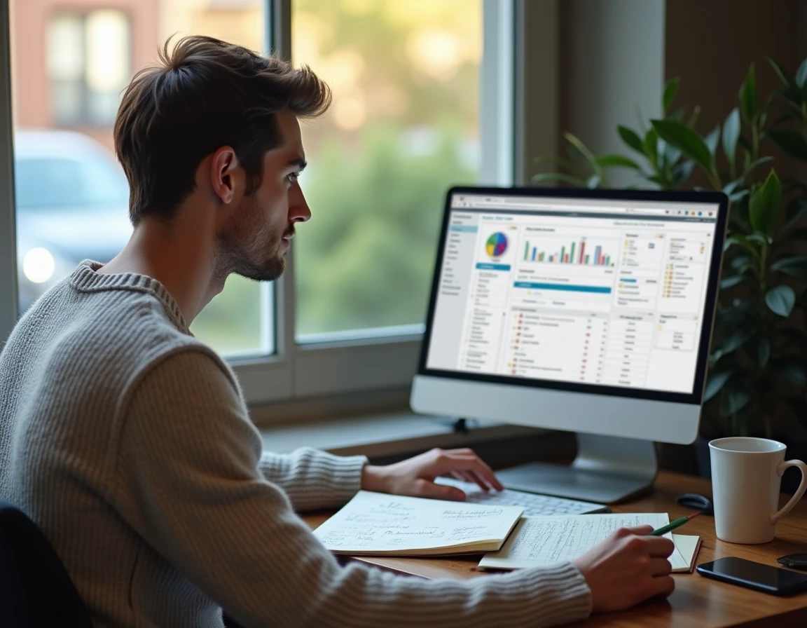 Jeune professionnel configurant le bureau propriétaire ITEA Prop depuis son domicile avec un guide de notes manuscrites