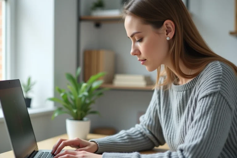 Femme connectée à son espace membre en ligne depuis un bureau à domicile