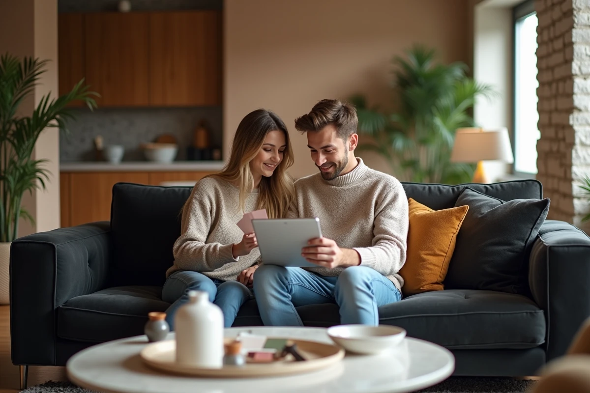 Jeune couple sur canapé regardant des échantillons de peinture
