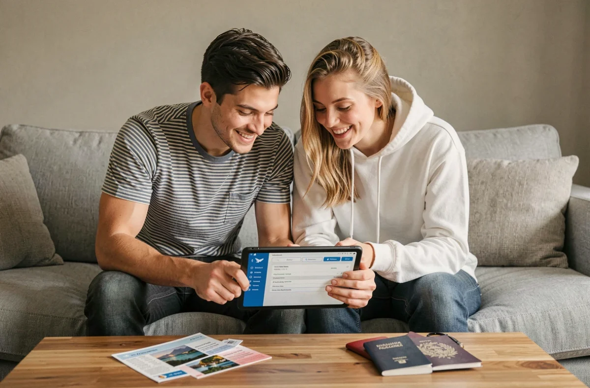 Couple gérant ensemble leur réservation de voyage sur une tablette avant un départ en vacances