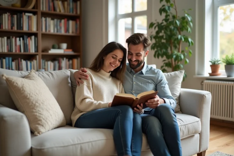 Couple lisant un livre dans un salon moderne et chaleureux