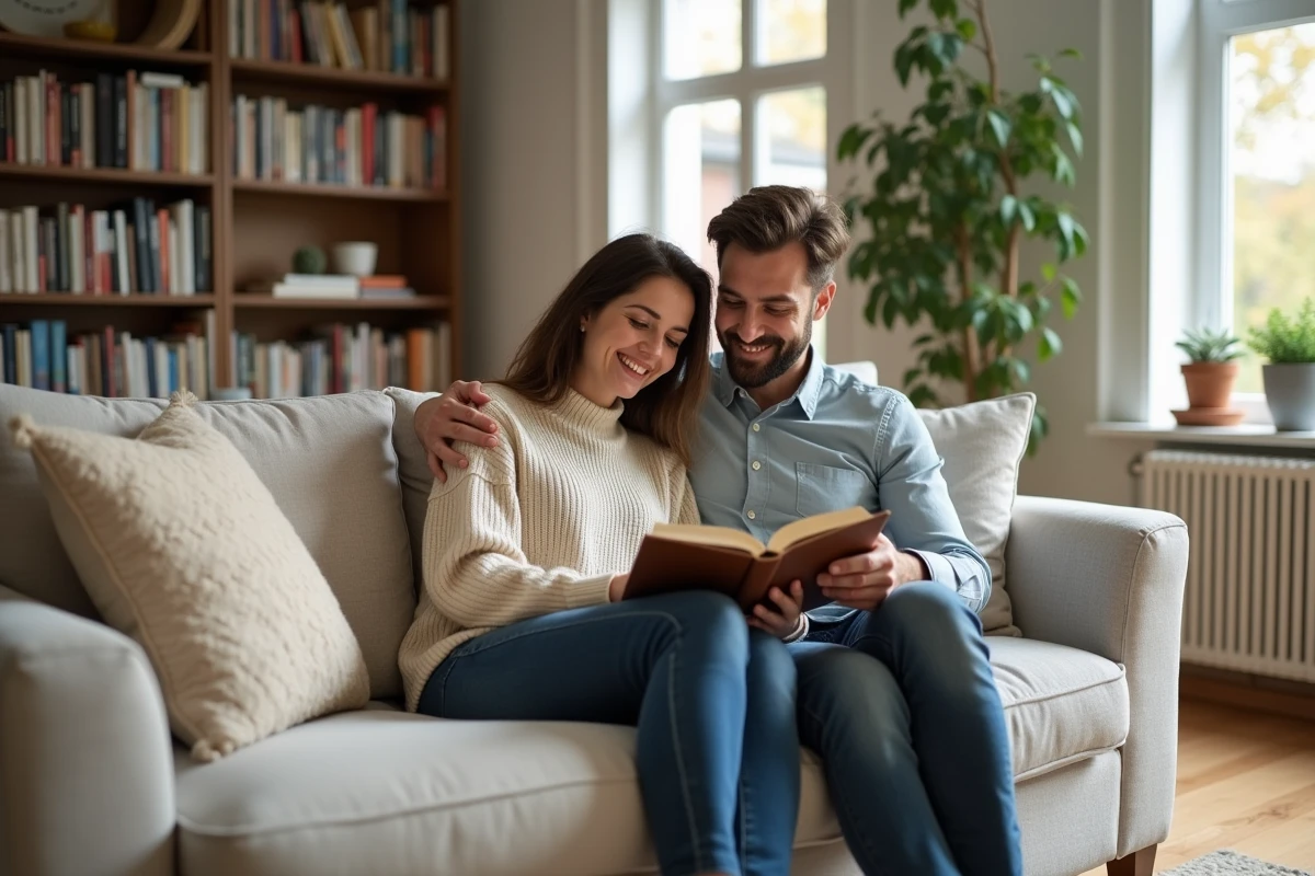 Couple lisant un livre dans un salon moderne et chaleureux