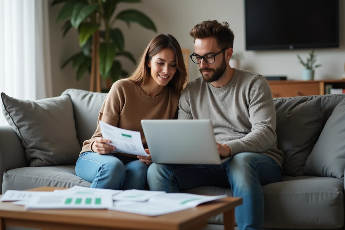 Couple examinant ensemble des outils de comparaison financière en ligne sur un canapé dans leur salon