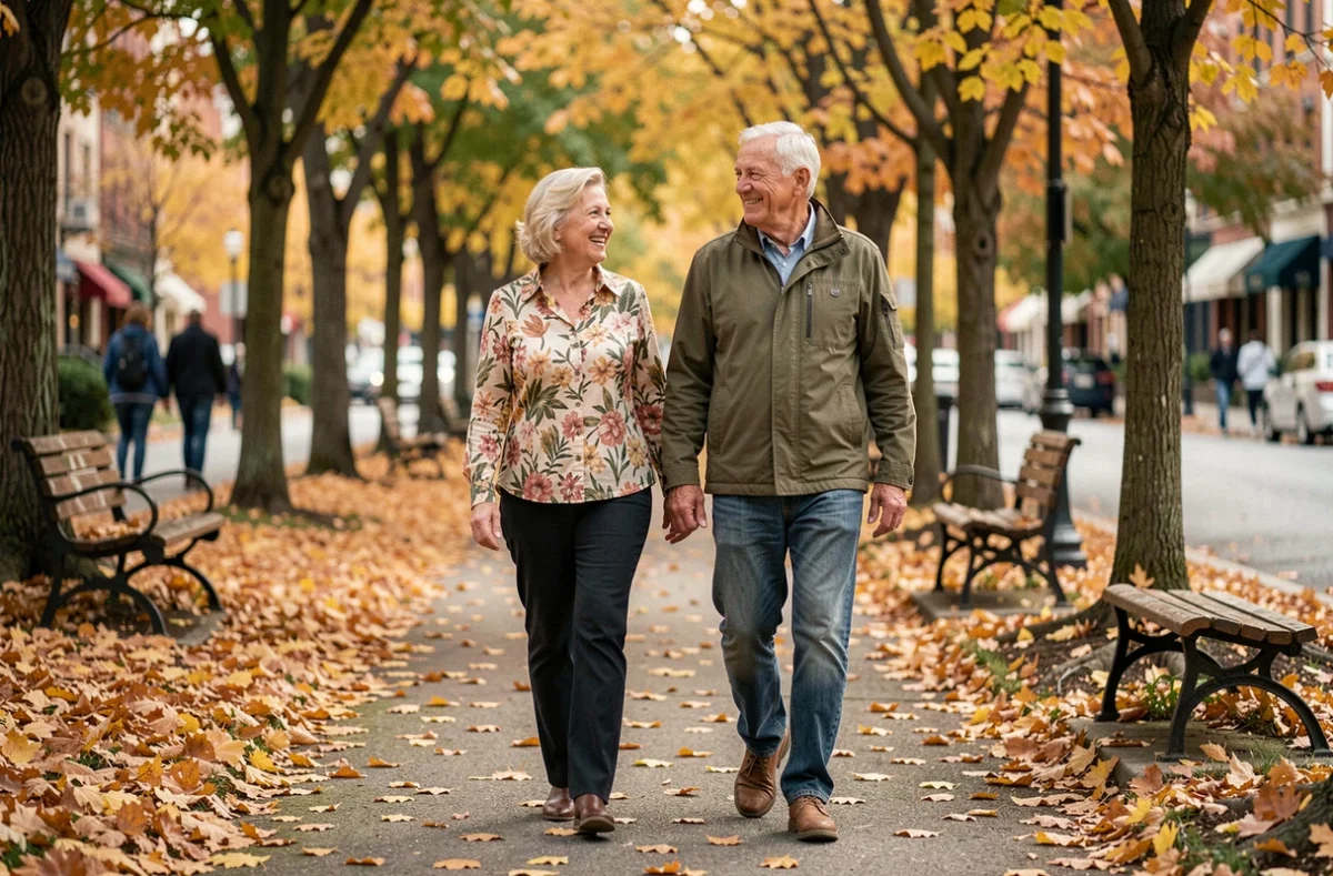 Couple de seniors se promenant dans un parc en automne, illustrant bien-être et qualité de vie