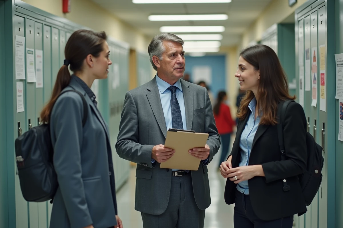 CPE et assistants d'éducation discutant dans un couloir de collège, représentant la structure hiérarchique des AED dans l'Éducation nationale