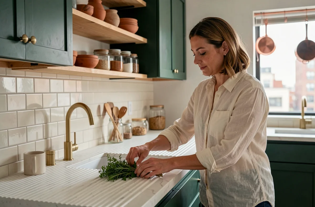 Cuisine rénovée tendance 2024 avec façades vert forêt, plan de travail en pierre et accessoires en laiton brossé