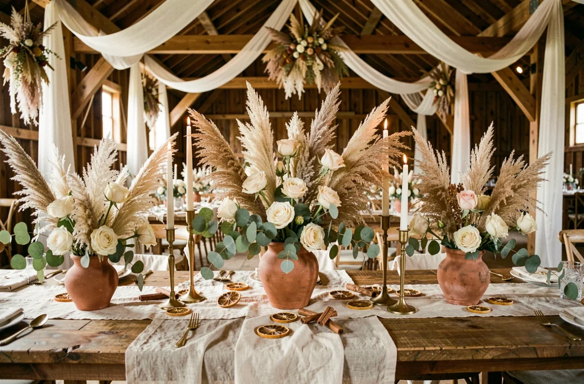Table de mariage décorée avec des herbes de la pampa, des roses ivoire et des éléments naturels bohèmes dans une grange rustique