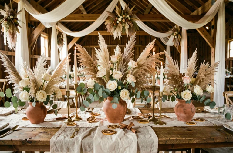 Table de mariage décorée avec des herbes de la pampa, des roses ivoire et des éléments naturels bohèmes dans une grange rustique