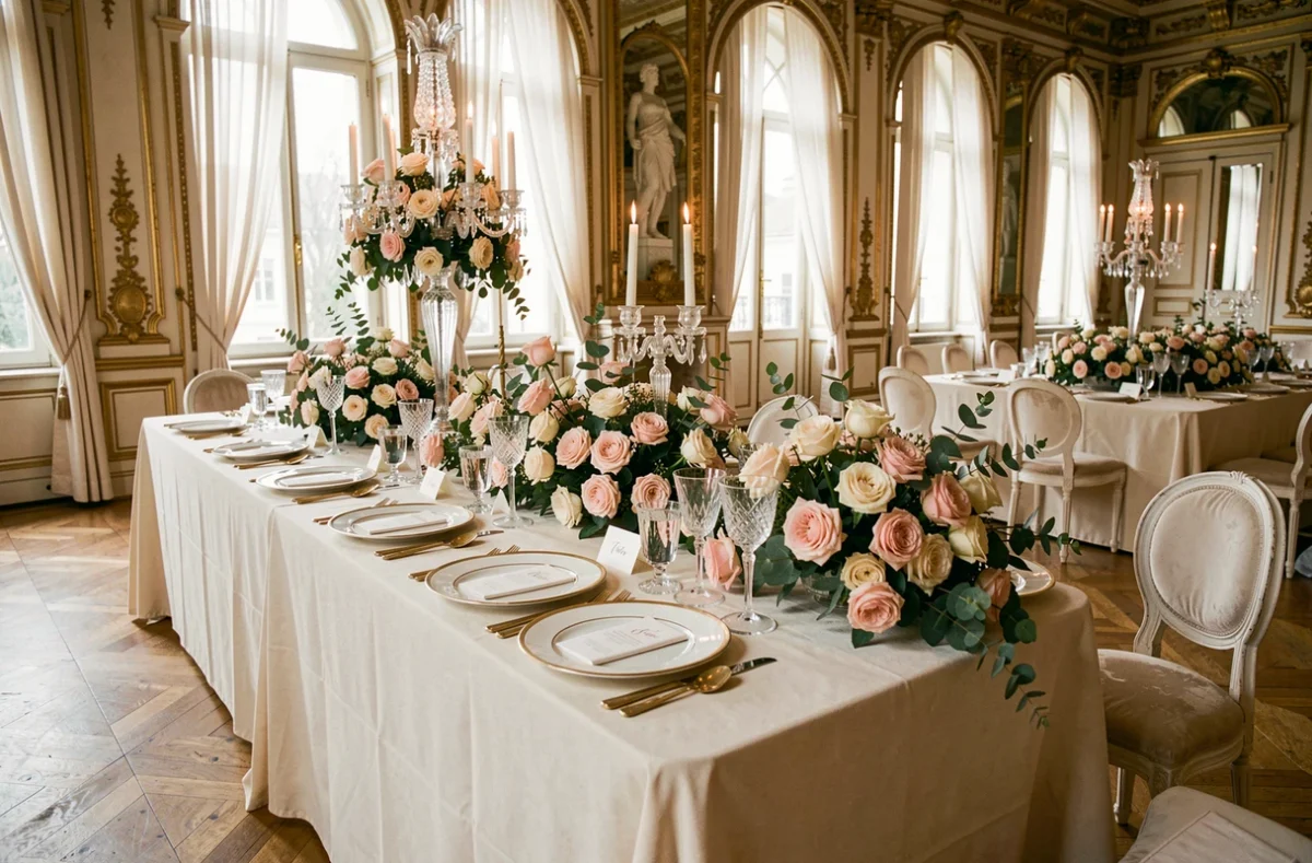 Table de réception de mariage élégamment dressée dans un salon parisien avec candélabres en cristal et compositions florales en roses blush