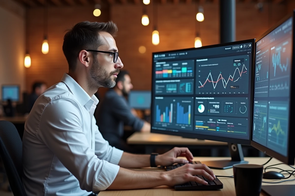 Entrepreneur analysant des indicateurs de gamification et de stratégie digitale sur double écran dans un espace de coworking