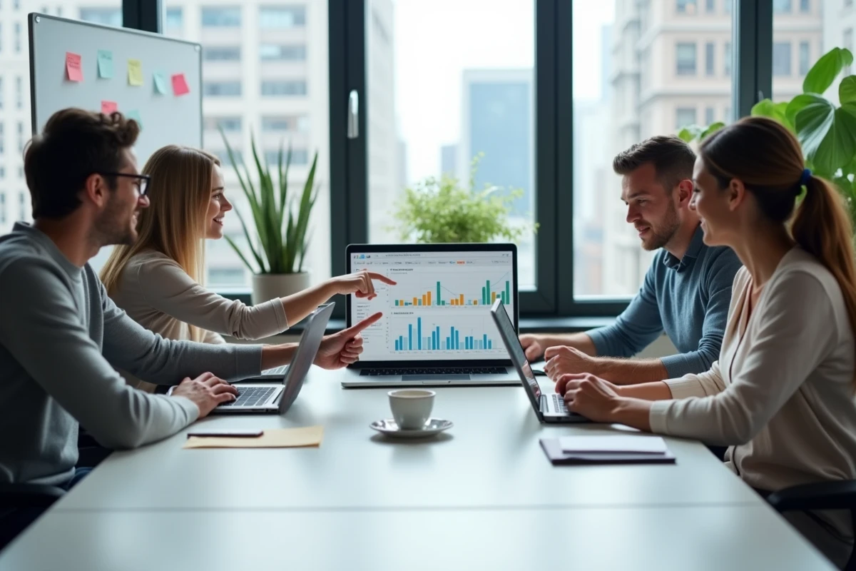 Équipe de professionnels collaborant autour de stratégies de gamification et d'innovation digitale en salle de réunion