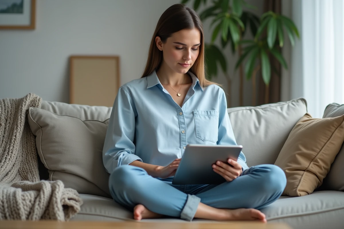 Jeune femme se connectant à son espace membre sur tablette depuis son salon