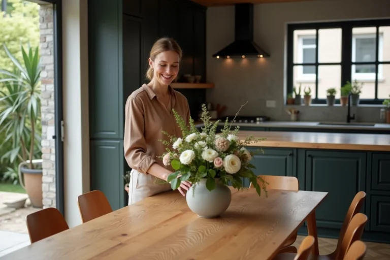 Femme souriante dans une cuisine moderne arrangeant un bouquet