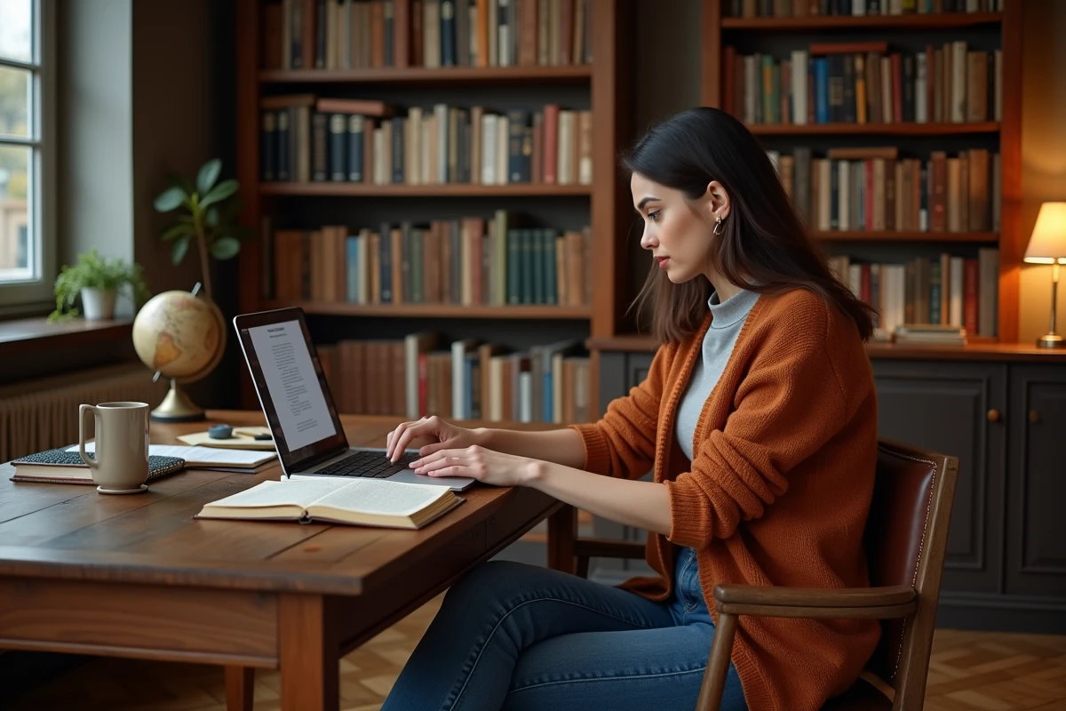 Jeune femme consultant un livre de grammaire française devant son ordinateur portable dans une bibliothèque, pour vérifier l'orthographe de rendez-vous pris
