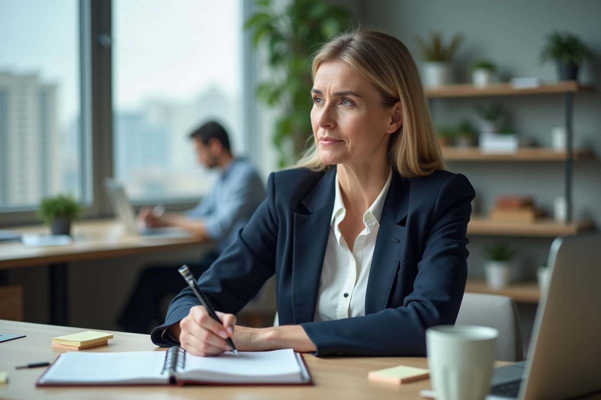 Femme professionnelle écrivant dans un agenda papier au bureau, illustrant la question orthographique rendez-vous pris ou prit