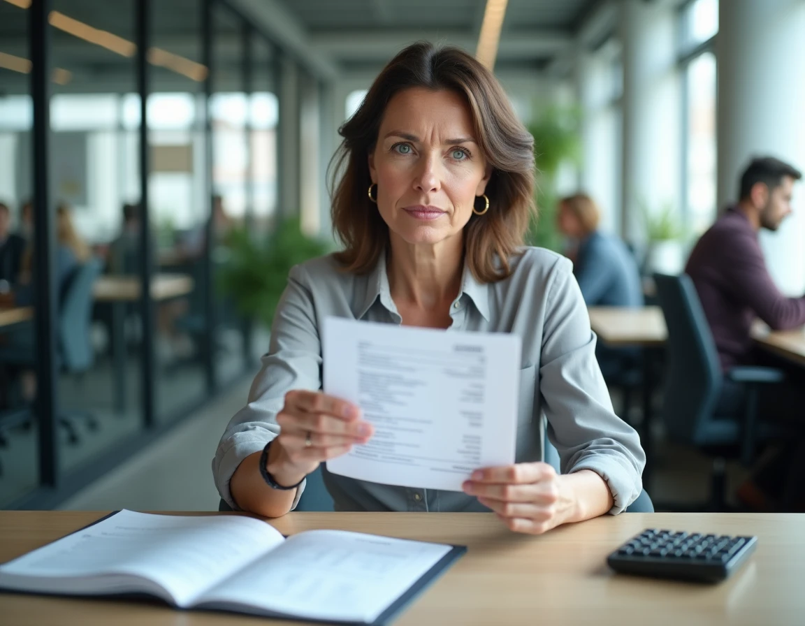 Femme en activité professionnelle vérifiant ses droits à la prime d'activité cumulée avec l'AREF dans un bureau moderne