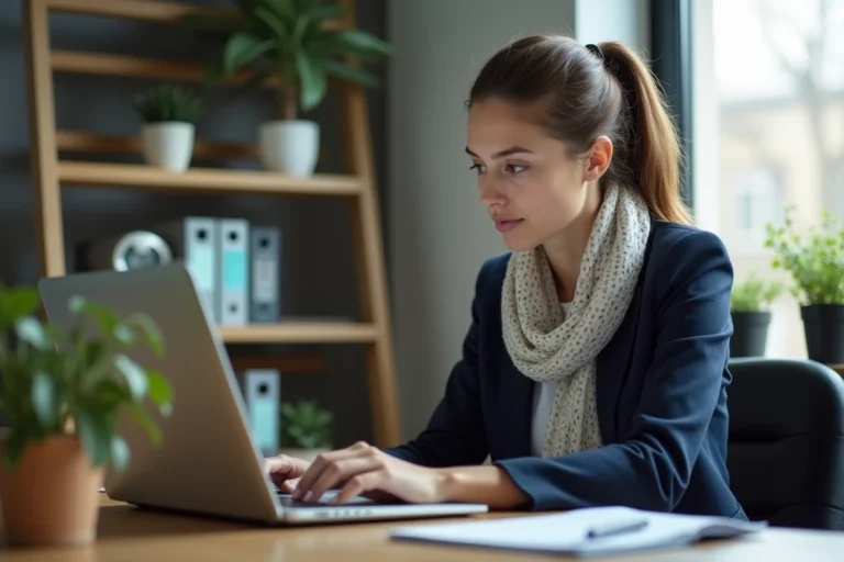Jeune femme professionnelle utilisant un ordinateur portable à domicile