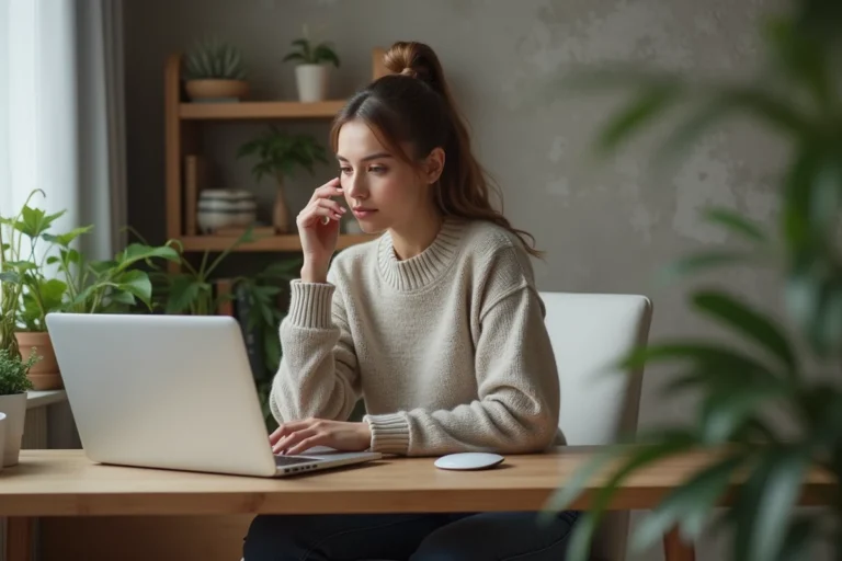 Jeune femme concentrée sur son ordinateur à la maison