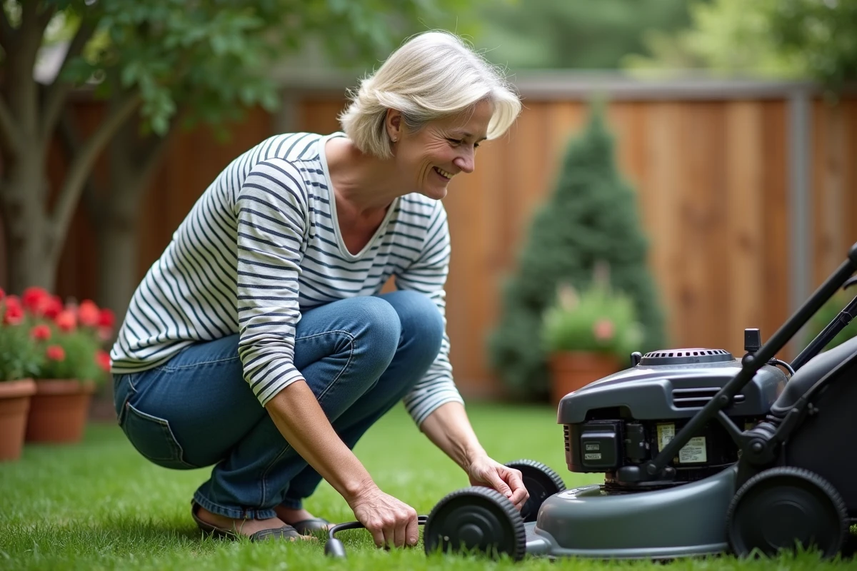 Femme en jeans débranchant une rallonge dans le jardin
