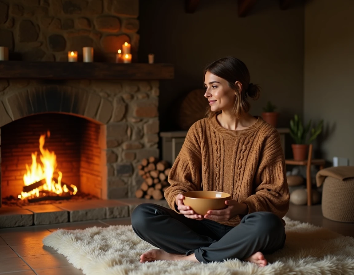 Femme en pull en laine assise devant une cheminée allumée sur un tapis moelleux, atmosphère cocooning et chaleureuse à la maison
