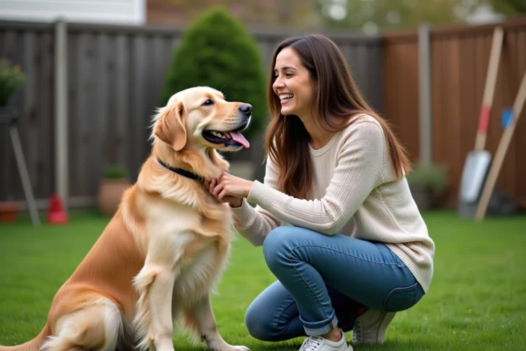 Femme souriante avec un chien golden retriever dans un jardin
