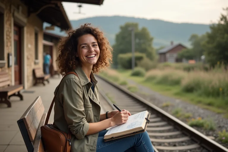Femme souriante avec carnet à la campagne