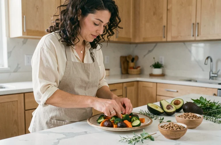 Femme préparant un plat de légumes rôtis colorés dans une cuisine moderne en bois clair, illustration de la cuisine végétale maison