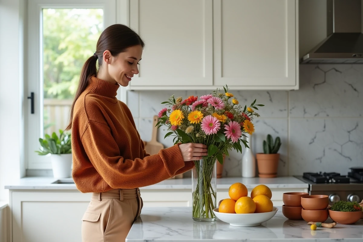Femme arrangeant des fleurs sauvages dans une cuisine moderne avec des bols en argile et des fruits frais sur un plan de travail en marbre