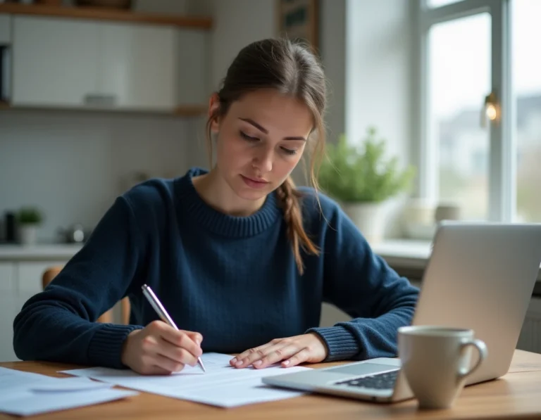Femme remplissant des formulaires administratifs pour cumuler l'AREF et la prime d'activité à la maison