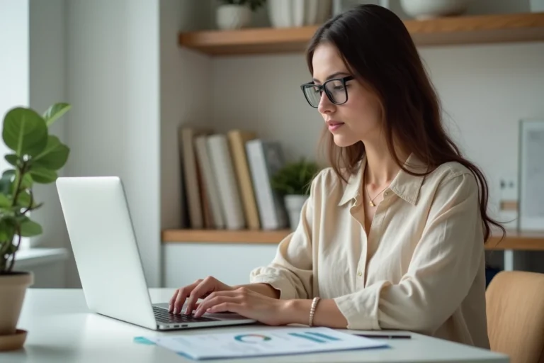 Femme consultant des outils de gestion financière en ligne sur un ordinateur portable dans un bureau à domicile moderne