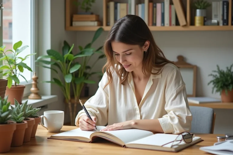 Femme trentenaire écrivant dans un journal intime entourée de soins beauté et de plantes sur un bureau en bois chaleureux