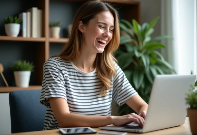 Jeune femme souriante travaillant à domicile sur son ordinateur