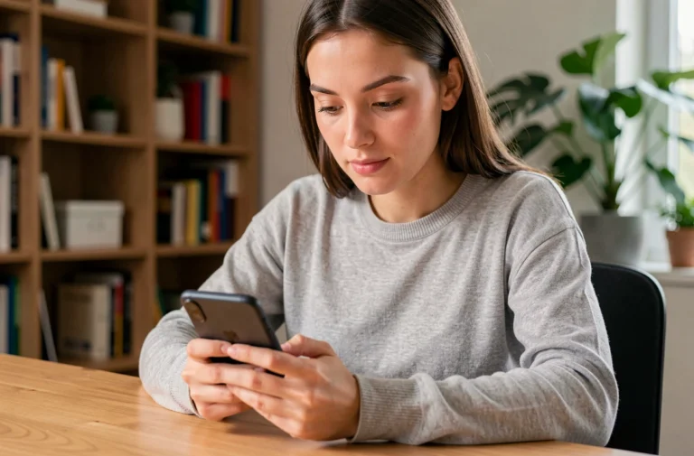 Jeune femme explorant les paramètres Android sur son smartphone Samsung dans un bureau à domicile moderne